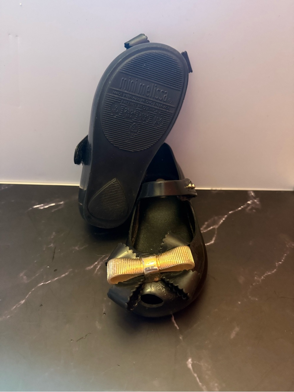 Mini Melissa Black Kids Mary Jane Shoes with Gold Bow